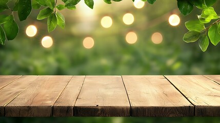 Wooden Table Top With Blurred Garden Background