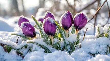 Purple crocuses peek through fresh snow in a winter garden scene, signaling the arrival of spring