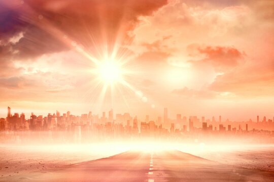 Naklejki Asphalt road with centerline is stretching toward skyline under sun and flare rays in flat design
