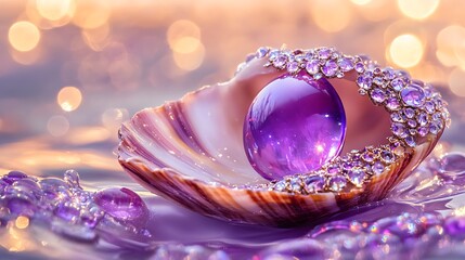 Luxurious seashell adorns a luminous purple pearl, complemented by shimmering droplets and a soft bokeh background creating an enchanting ambiance.