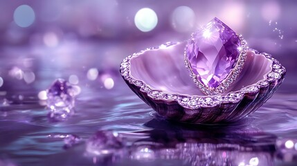 Gorgeous amethyst gem sparkles in a decorative bowl against a blurred bokeh backdrop, radiating luxury and elegance.