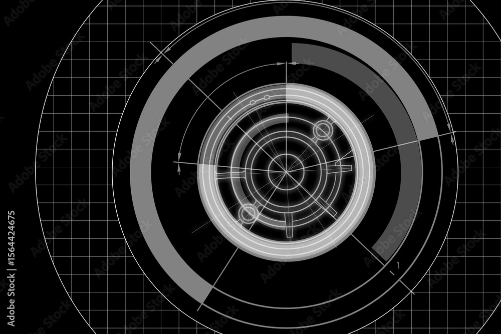 Poster concentric hud rings are being displayed over dark grid background, flat schematic vector design