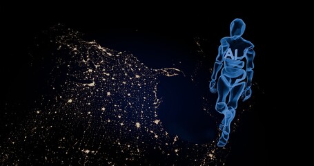 an abstract robot walks across the planet, the concept of promoting an AI system