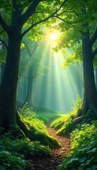 Naklejka premium Sunbeams Dance Through Forest Canopy, Illuminating Lush Green Undergrowth A Peaceful Nature Scene