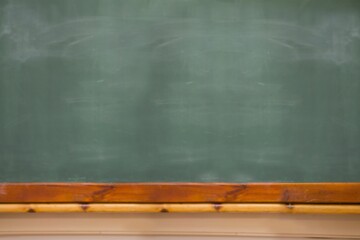 Flat design illustration is showing green chalkboard mounted on classroom wall with wooden tray