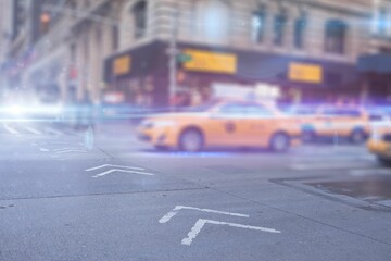 Single yellow taxi cab is racing past white road arrows by dark awnings in flat design