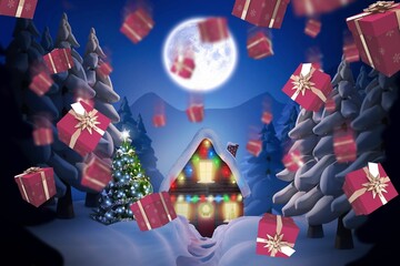 Flat design illustration is showing winter night with snowy cabin, Christmas tree, moon, gift boxes