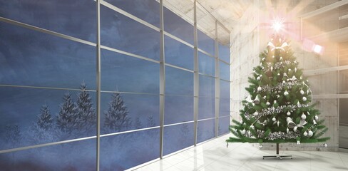 Fototapeta premium Flat design Christmas tree is standing in modern lobby with star topper and forest through windows