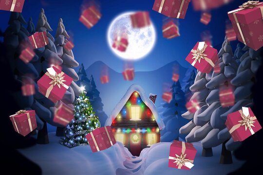 Naklejki Flat design illustration is showing winter night with snowy cabin, Christmas tree, moon, gift boxes