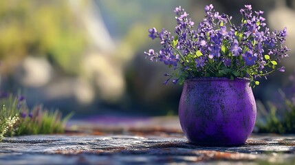 Vibrant violet blooms cascade from a rustic pot, creating a tranquil garden aesthetic with soft, diffused light and inviting charm.