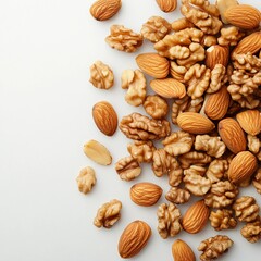 Fresh mixed almonds and walnuts on white