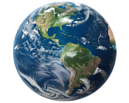 Realistic Earth globe with Americas and cloud cover
