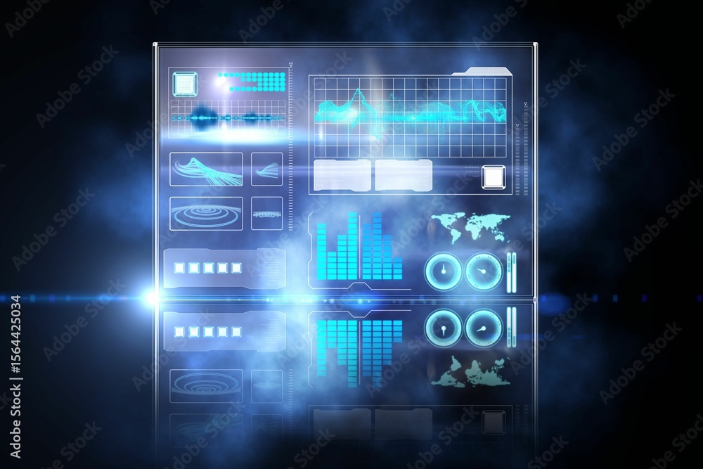 Poster displaying holographic data panel floating over blue void with glowing charts, map, circular dials