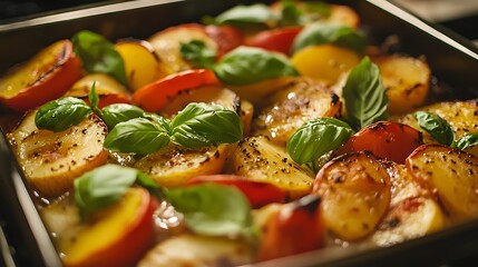 Sliced peaches and tomatoes seasoned with basil leaves displayed beautifully on a baking pan ready to be served.