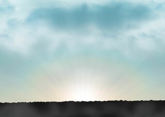 Flat design capturing sun rising over silhouette, casting radial beams across dawn sky with clouds