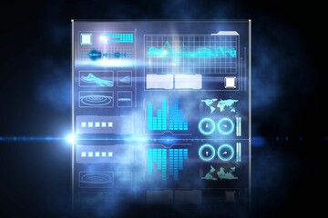 Displaying holographic data panel floating over blue void with glowing charts, map, circular dials