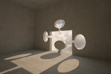 Flat design showing concrete puzzle-piece wall opening revealing blue sky, casting sharp shadows
