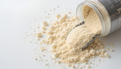 Vanilla protein powder spills onto a white surface, with a spoon and jar, ideal for nutrition or fitness content creation.