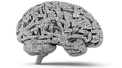 A human brain constructed entirely from letters of the alphabet and various texts. The concept of Idea, Knowledge, Creative, Language, and Intelligence. Generative AI.
