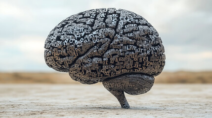 A human brain constructed entirely from letters of the alphabet and various texts. The concept of Idea, Knowledge, Creative, Language, and Intelligence. Generative AI.