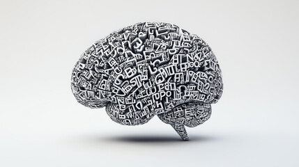 A human brain constructed entirely from letters of the alphabet and various texts. The concept of Idea, Knowledge, Creative, Language, and Intelligence. Generative AI.