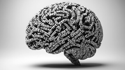 A human brain constructed entirely from letters of the alphabet and various texts. The concept of Idea, Knowledge, Creative, Language, and Intelligence. Generative AI.