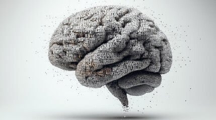 A human brain constructed entirely from letters of the alphabet and various texts. The concept of Idea, Knowledge, Creative, Language, and Intelligence. Generative AI.