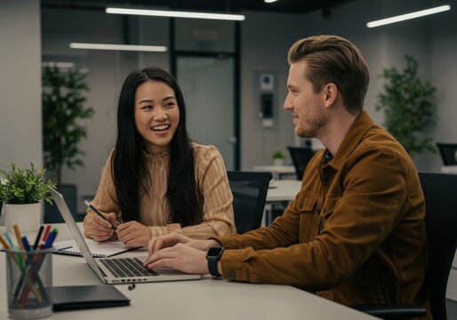 Asian woman and caucasian man working together at a desk with a laptop - Powered by Adobe