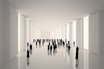Tiny figures in white hall