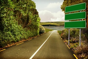 Flat design showing asphalt road markings past hedge, green signpost toward lake hills, cloudy sky