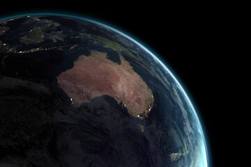 Digitally composite image of Earth against black background