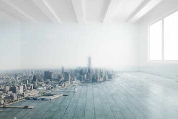 City skyline cluster is merging into wooden floor in minimalist flat design loft with bright window