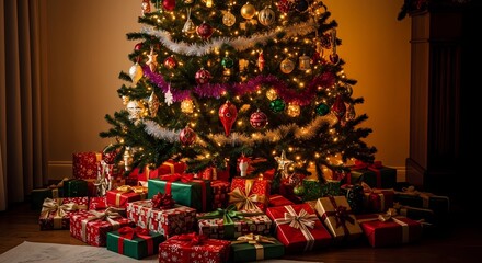 Fototapeta premium Festive Christmas Tree with Presents Holiday Decorations and Warm Lighting