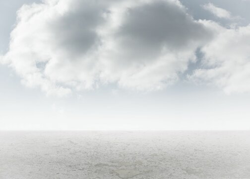 Fototapeta Barren cracked plain is stretching under overcast sky in flat design with massive grey cloud