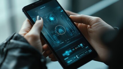 Close-up shot of a person operating a smartphone with futuristic interface