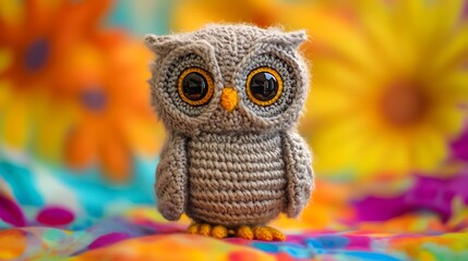 Adorable handcrafted owl figurine sits against a vibrant backdrop of floral artistry and bright color play.