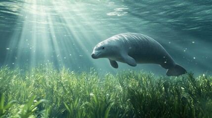 Underwater mammal in aquatic plants