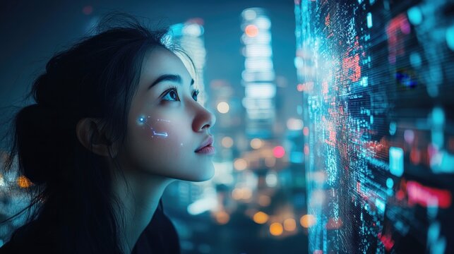 Young Asian woman looking at futuristic data screen. - Powered by Adobe