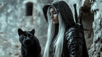 Woman in dark costume with panther
