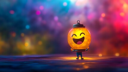 Cheerful lantern character shines brightly against a bokeh background, bringing warmth and positive emotion into any design