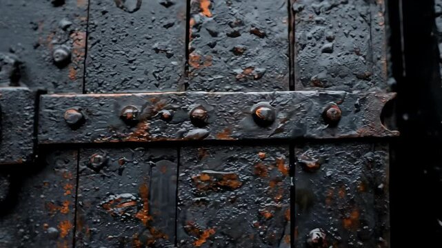 Weathered black iron door detail with rusty rivets