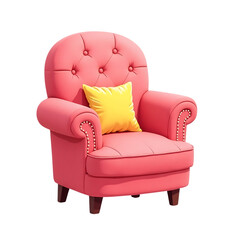 Comfortable pink armchair with yellow cushion isolated on transparent background