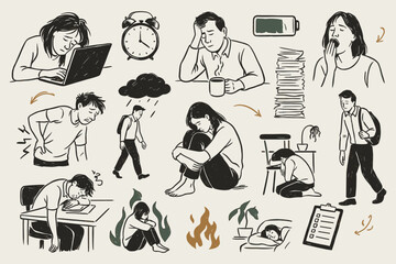 Illustrations depicting burnout exhausted overwhelmed and stressed individuals