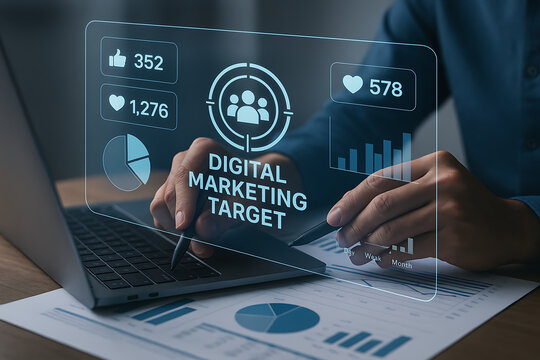 A professional interacting with a holographic digital marketing target dashboard, visualizing data analytics and performance metrics for strategic growth