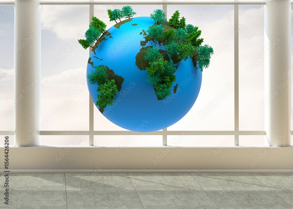 Poster floating tree-covered earth globe hovering in 3d render room, showing grid windows and marble floor