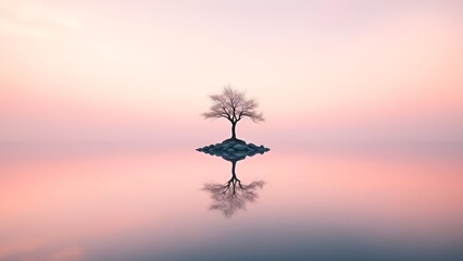 Solitary Tree on Tiny Island in Still Water with Pink Sunset Sky