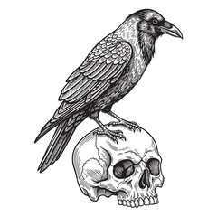 raven on skull engraving woodcut vector illustration