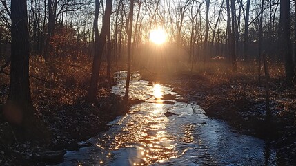 Sunlight streams through the forest canopy onto a creek, illuminating the natural landscape and creating a peaceful, serene scenery.