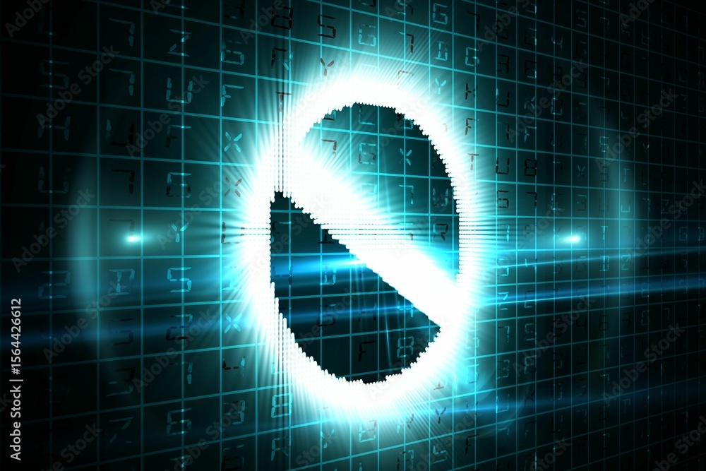 Poster bright pixelated no-entry symbol is glowing in digital interface over teal grid with diagonal slash