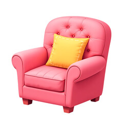 Cute pink armchair with yellow cushion isolated on transparent background
